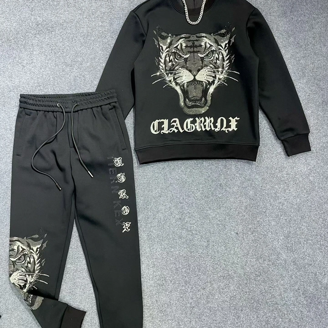 加厚12121-22 潮牌老虎半袖重工满钻短袖黑色圆领时尚情侣套装