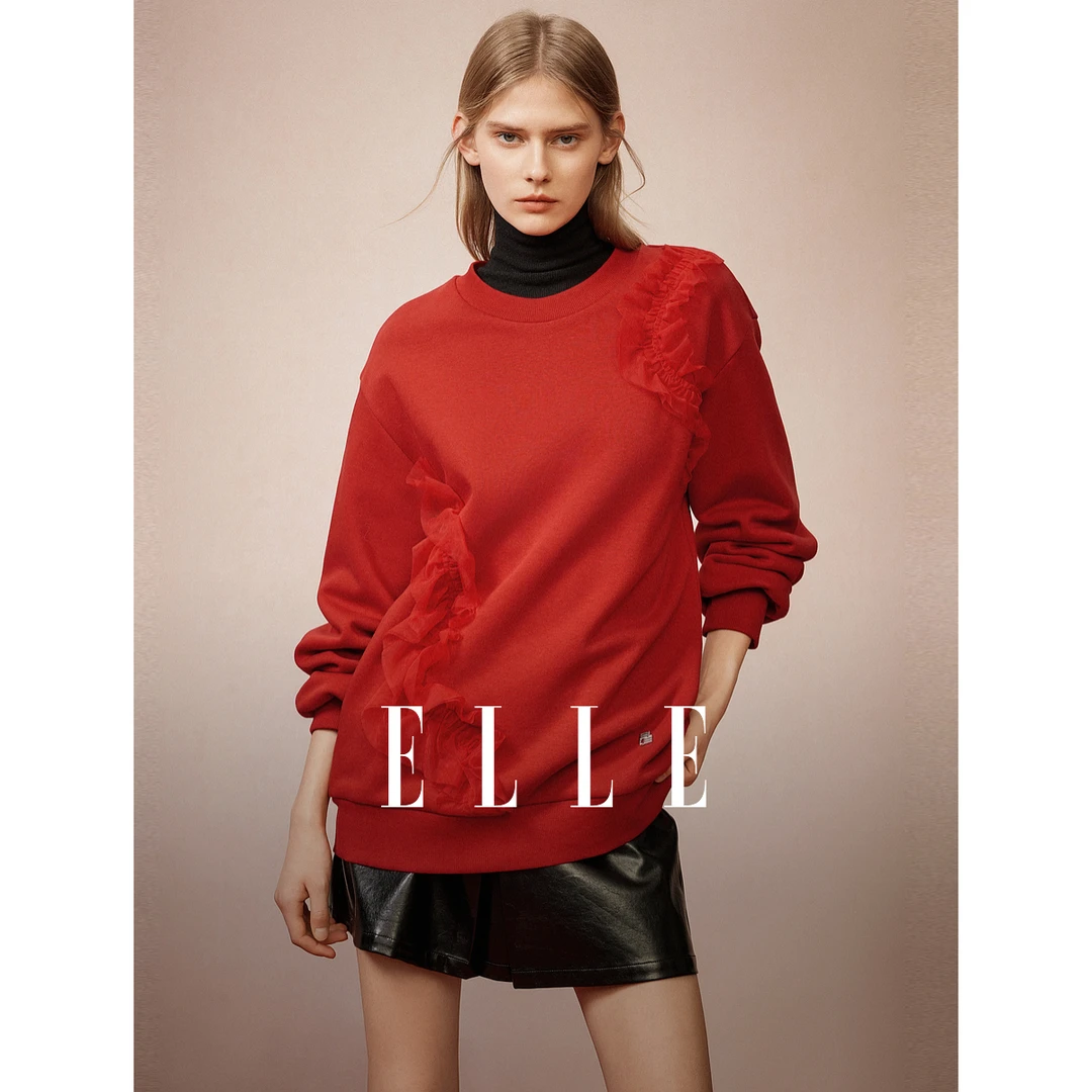 【新年系列】ELLE设计感红色卫衣2025春季新款宽松慵懒上衣EW50356