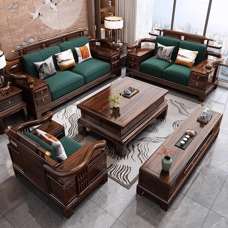 乌金木新中式实木沙发轻奢现代冬夏两用客厅大小户型别墅沙发组合