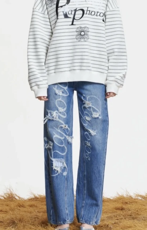 RAPHOTOS 设计师品牌 小众新款 激光枪洞手工扎花牛仔裤
