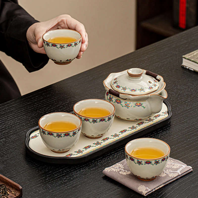 中式黄汝窑敦煌茶具小套礼盒精致女生下午茶2-4人喝茶创意干泡盘