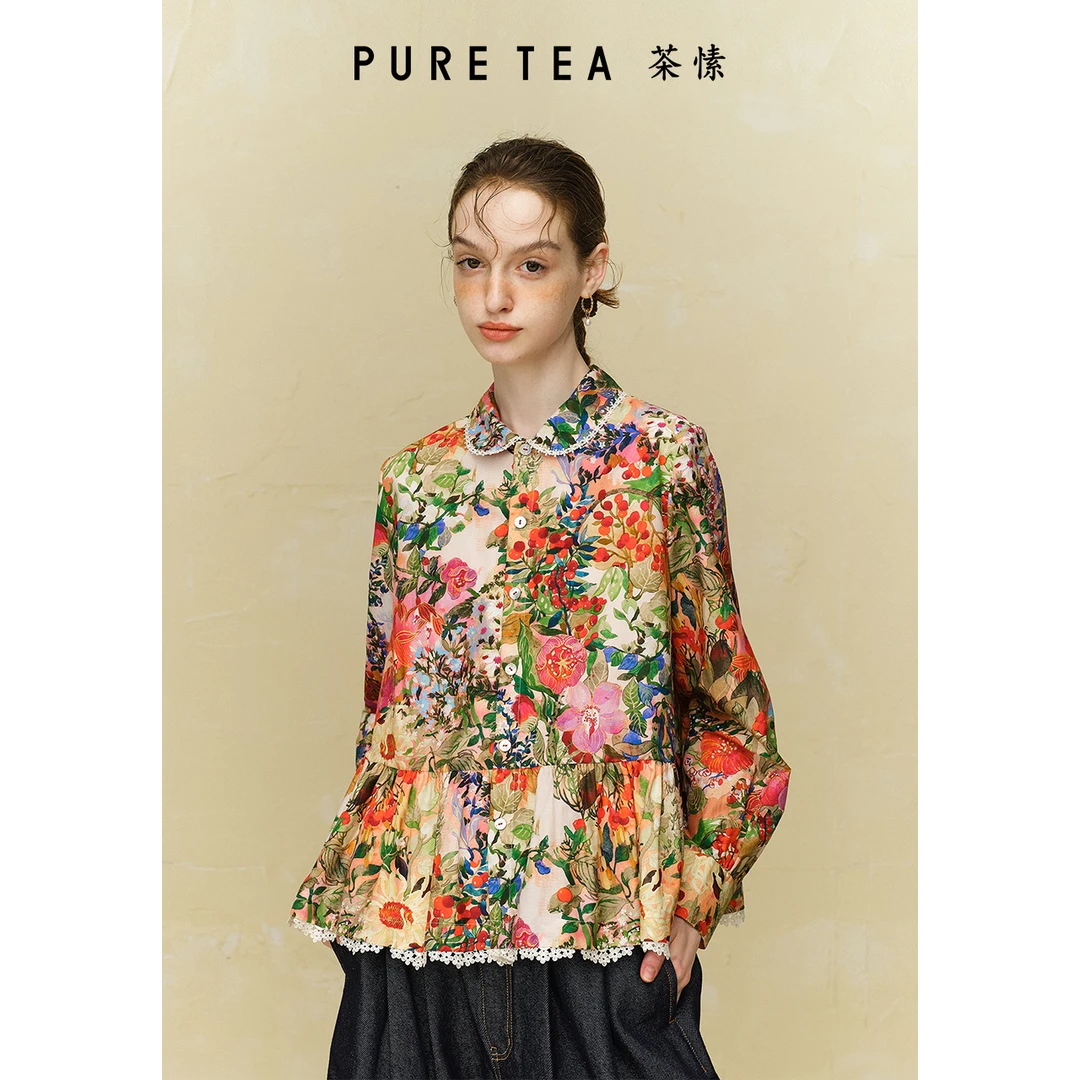 【商场同款】茶愫花边织带娃娃领衬衫女长袖印花衫冬新TB1401C41