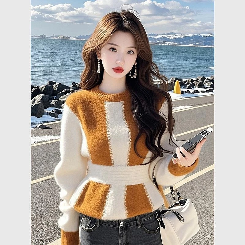 2025冬季韩系气质宽松高级感百搭时尚超好看橙白拼接毛茸茸毛衣女