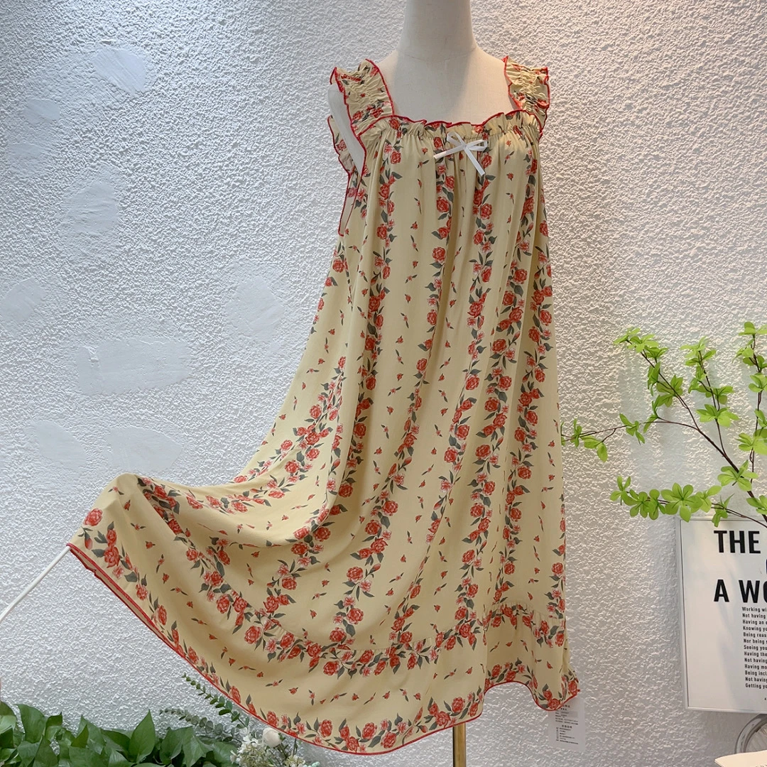 夏季人造棉棉绸宽肩吊带裙女减龄胖MM睡裙大码家居服连衣裙公主风