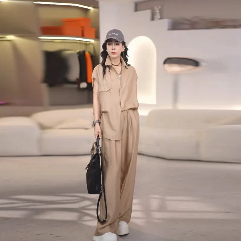 干练减龄别致套装女2025夏季气质防晒休闲衬衫高腰显瘦长裤两件套