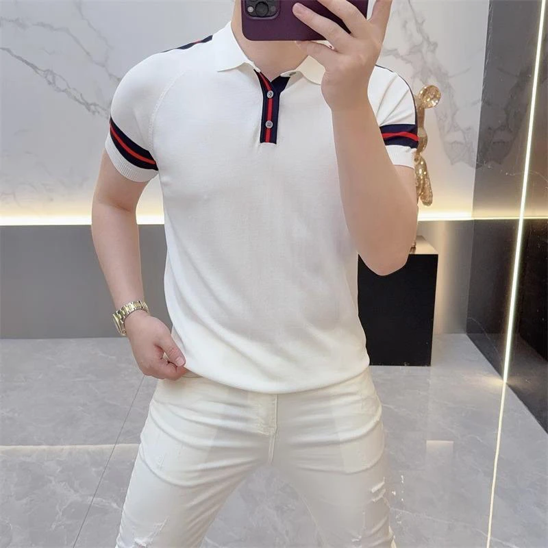 2025欧货轻奢男士针织冰丝短袖T恤POLO衫条纹夏季半袖百搭上衣潮