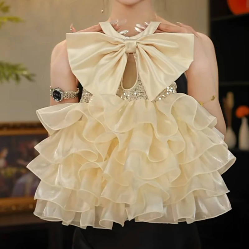 女童连衣裙2025夏季新款儿童洋气公主蛋糕裙宝宝蝴蝶结礼服背心裙