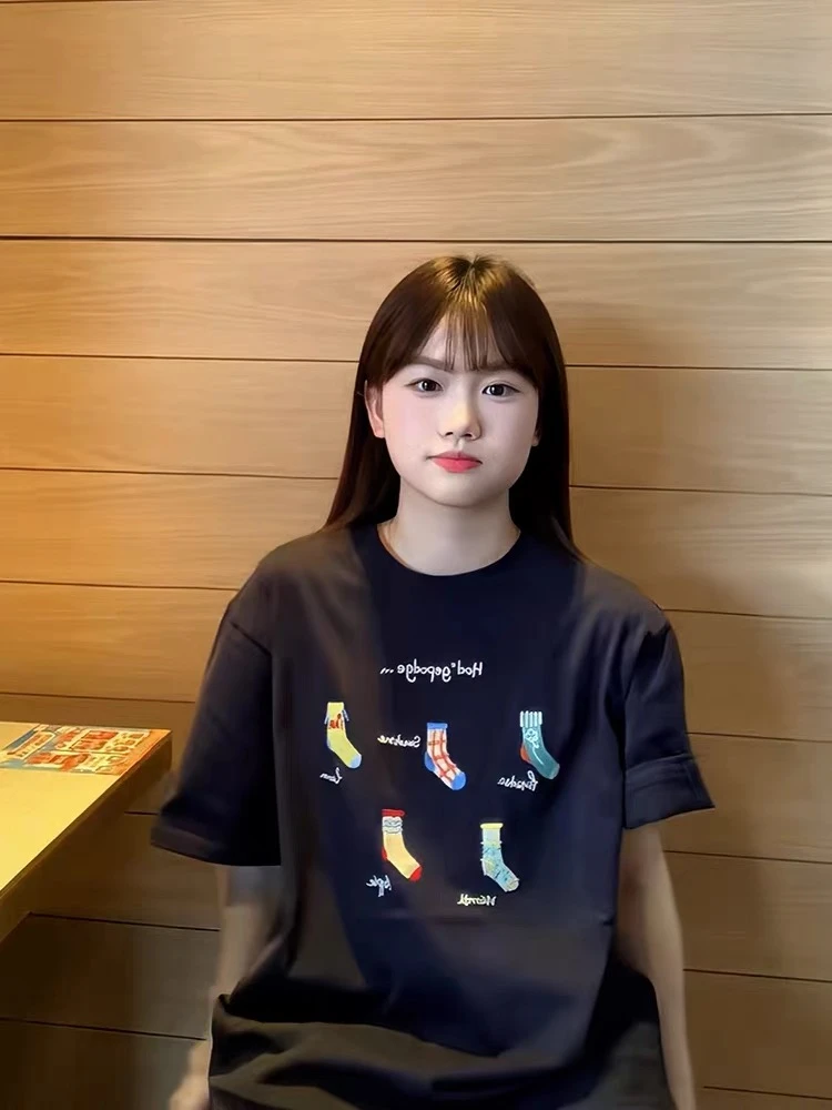 港风ins趣味可爱卡通印花正肩短袖上衣2025春季新款纯棉藏青色t恤