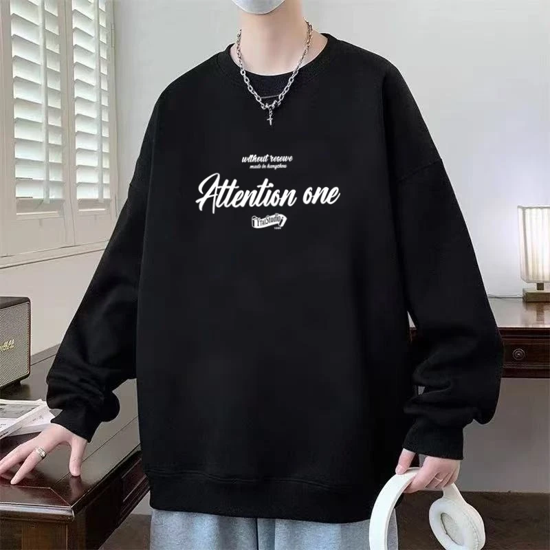 卫衣男秋冬新款圆领打底衫青少年外套潮流加绒宽松长袖印花上衣服