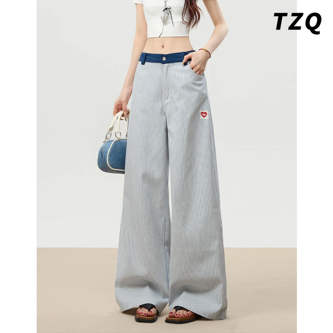 美式条纹爱心刺绣阔腿裤女夏季设计感直筒裤宽松休闲裤TZQ2562504
