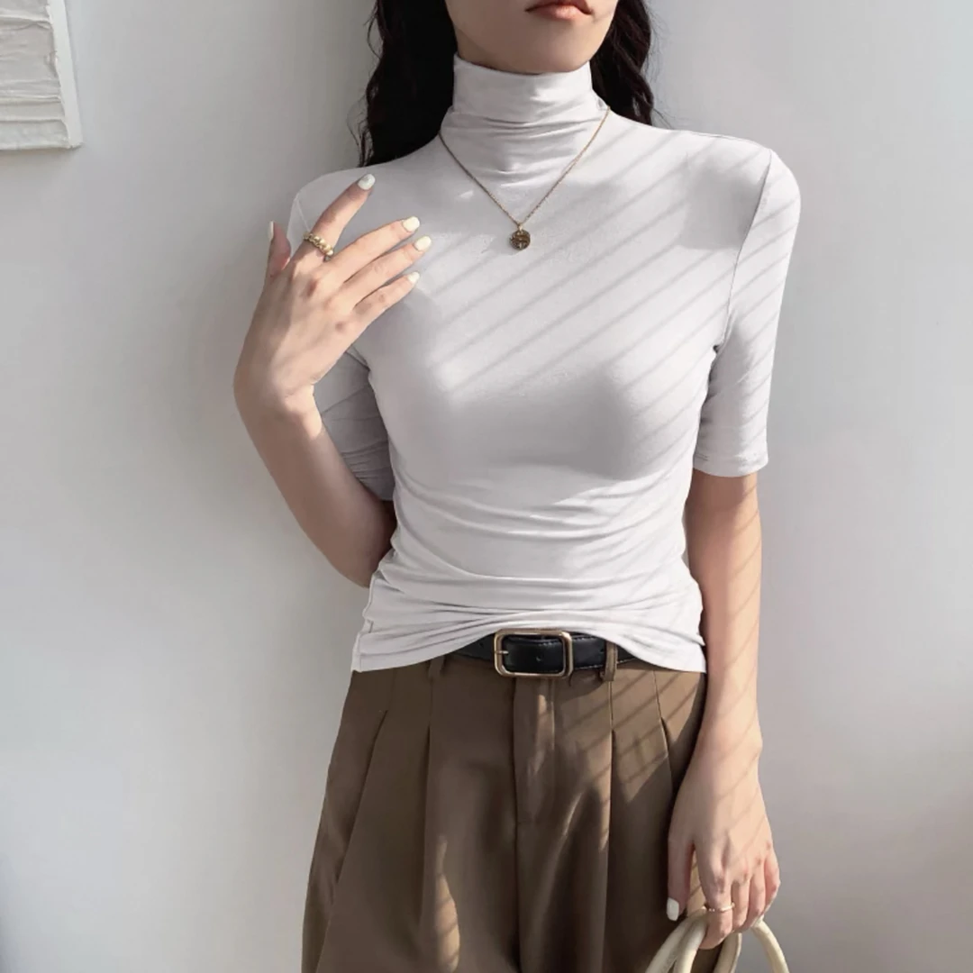 女士螺纹高领修身五分袖T恤F654