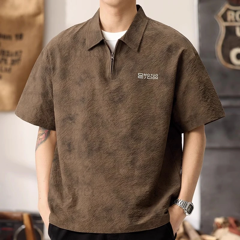高端美式肌理感冰丝薄款短袖Polo衫男宽松速干夏季半拉链半袖体恤
