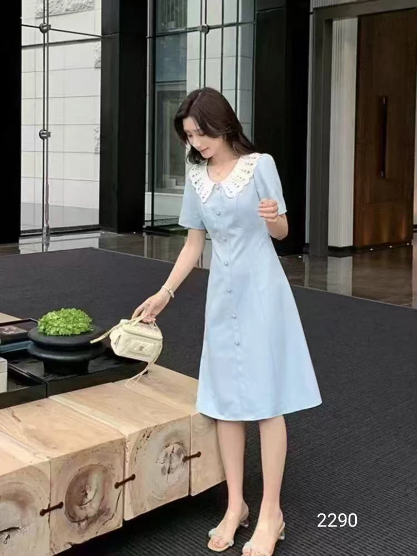 【红姐大码】2290夏季甜美可爱风短袖娃娃领中长连衣裙