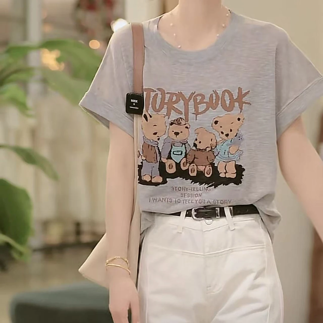 设计感卡通小熊短袖女装上衣2025夏季新款圆领时尚显瘦套头T恤