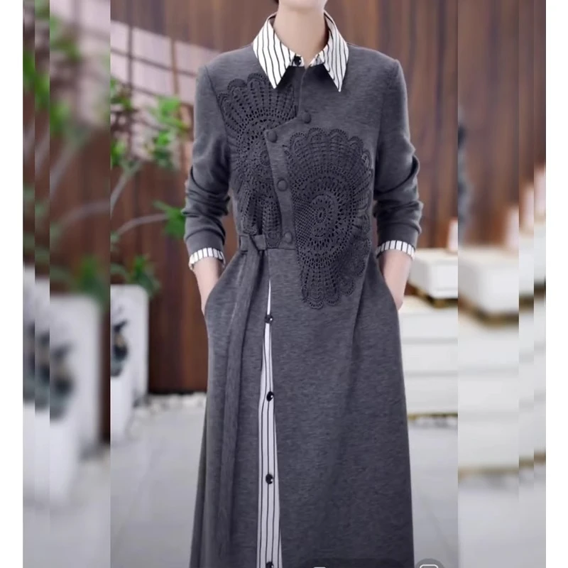 2025流行爆款气质衬衫领连衣裙女春秋新款假两件长袖条纹裙子