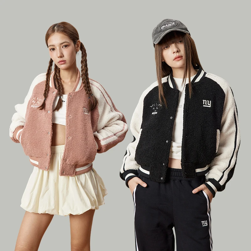 公鸡冠军夹克男冬季新款宽松羊羔绒棒球领拼接情侣外套A2082