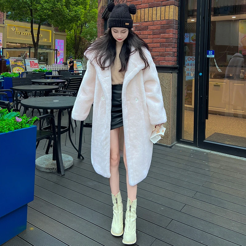 纯羊毛外套新潮风长款女装白色韩版百搭加厚网红大衣时尚