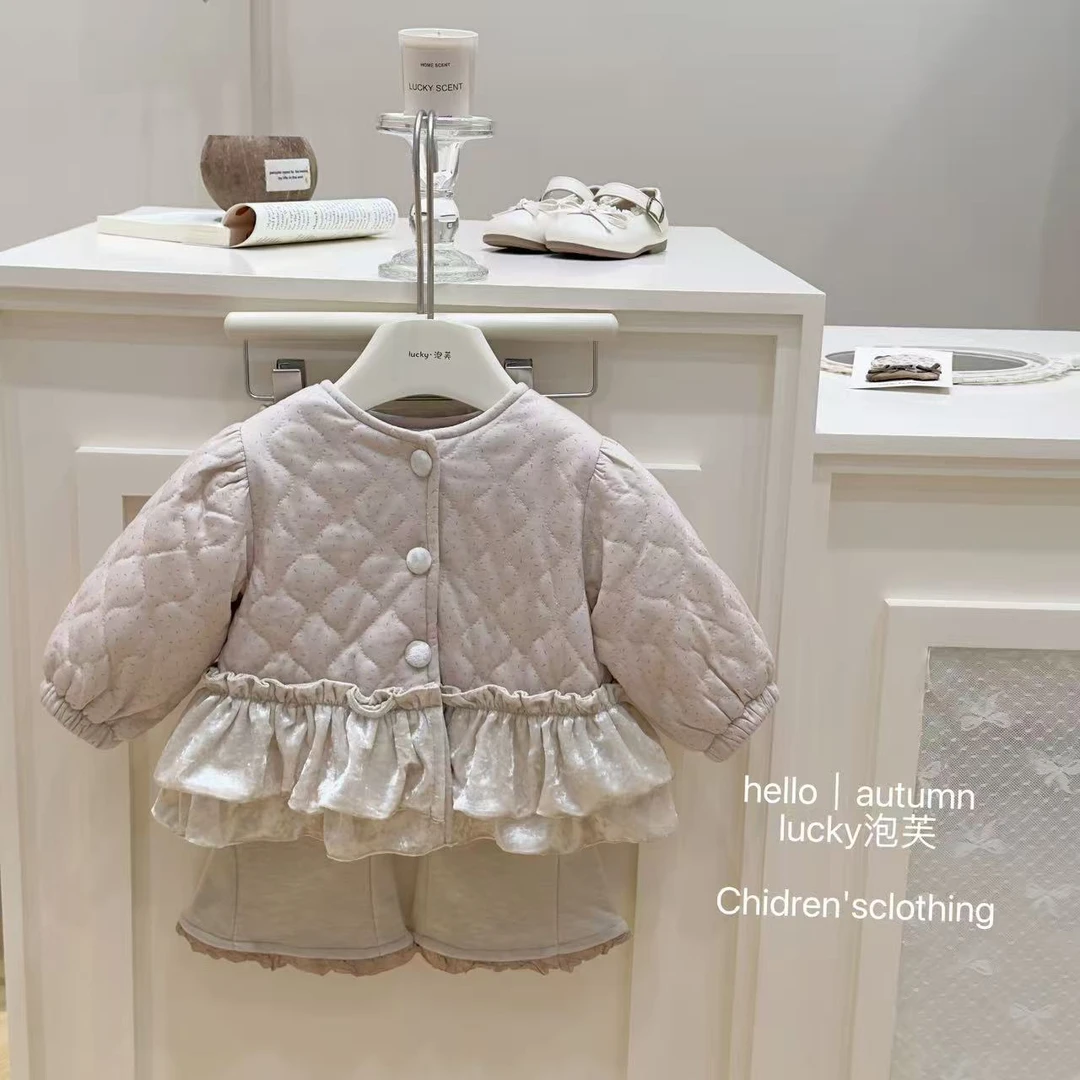 【lucky泡芙】时髦精！女童丝绒加厚外套冬季韩花边棉服微喇叭裤套装
