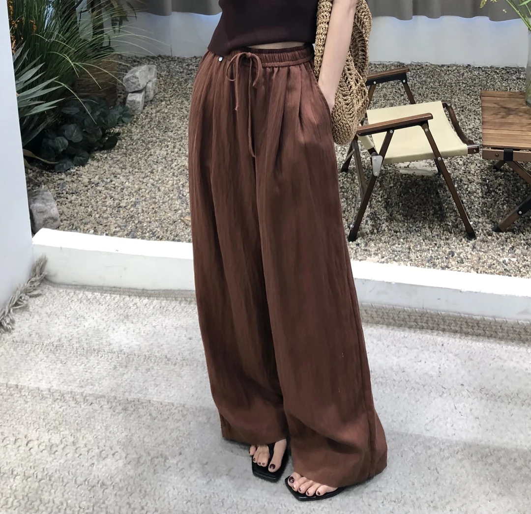 【慵懒舒适区】～垂坠时尚撞色显瘦拼接腰高级感抽绳阔腿拖地长裤女
