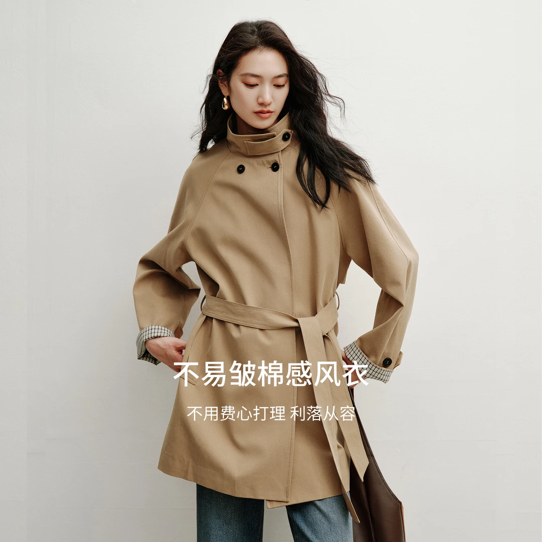 巴恩风立领风衣女中长款2025秋装新款韩系小个子格纹外套