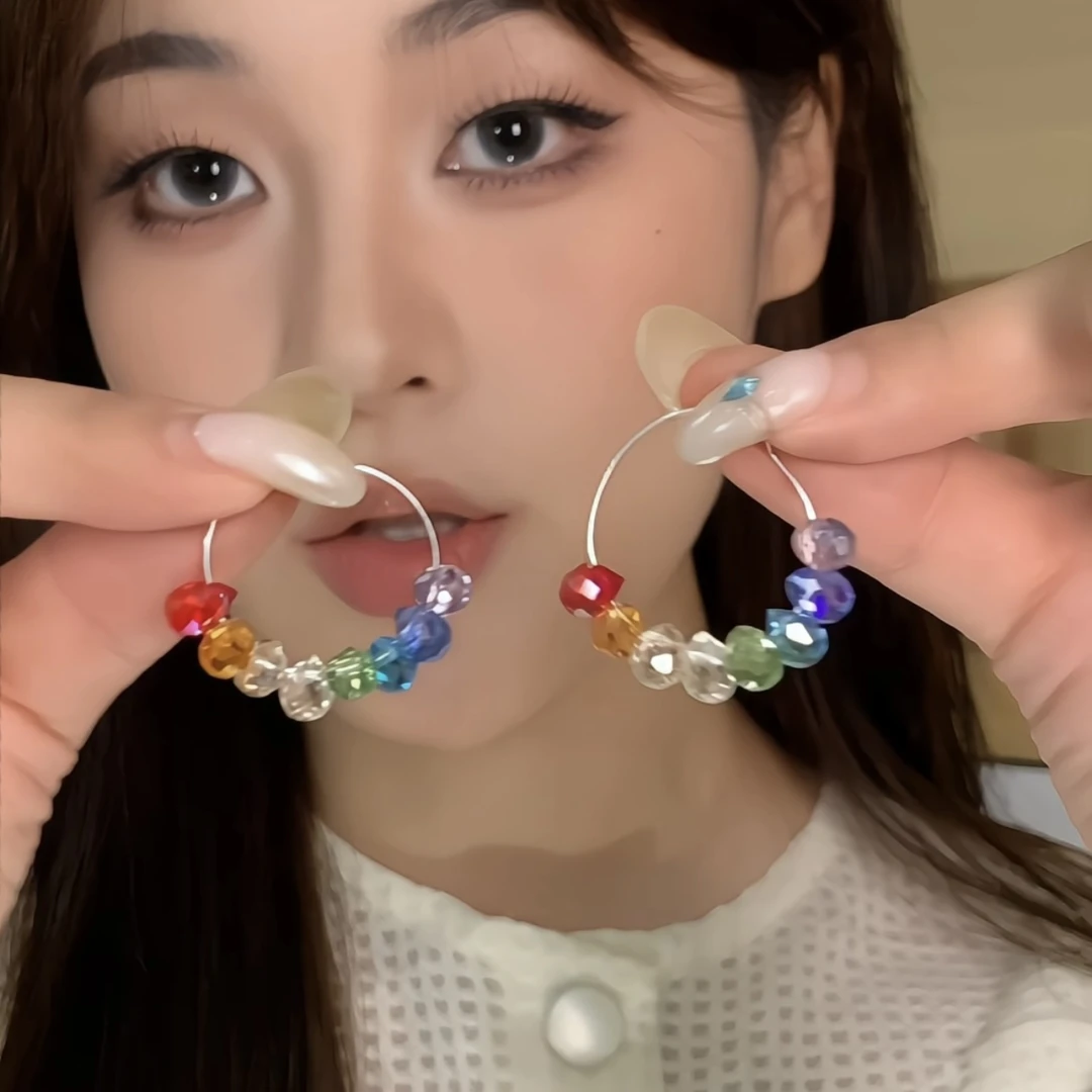 铜合金耳饰 彩色多巴胺水晶串珠圈圈耳环女海边度假风耳圈耳钉