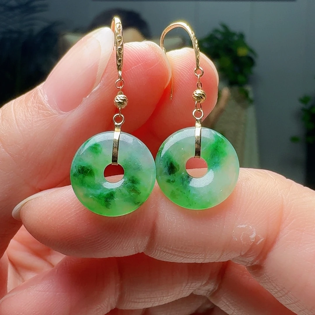 翡翠18K金镶嵌耳饰天然