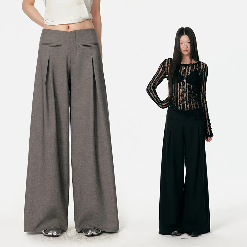 4muggle原创设计低腰垂感工字褶时髦无腰头双色都市淡人阔腿西裤