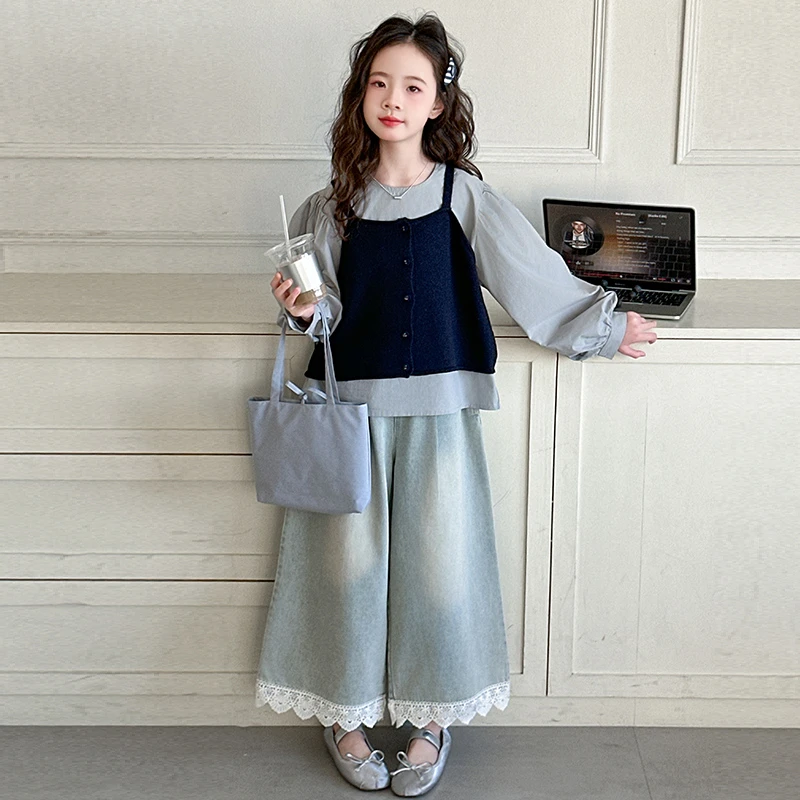 女童三件套春装2025新款洋气中大儿童套装马甲牛仔裤韩版时尚春秋