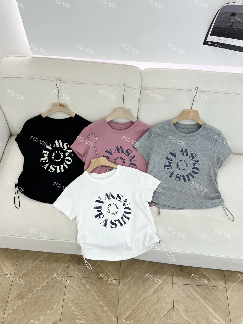 【红姐专属】2025夏季新款时尚洋气百搭抽绳短袖上衣显瘦洋气（808）A