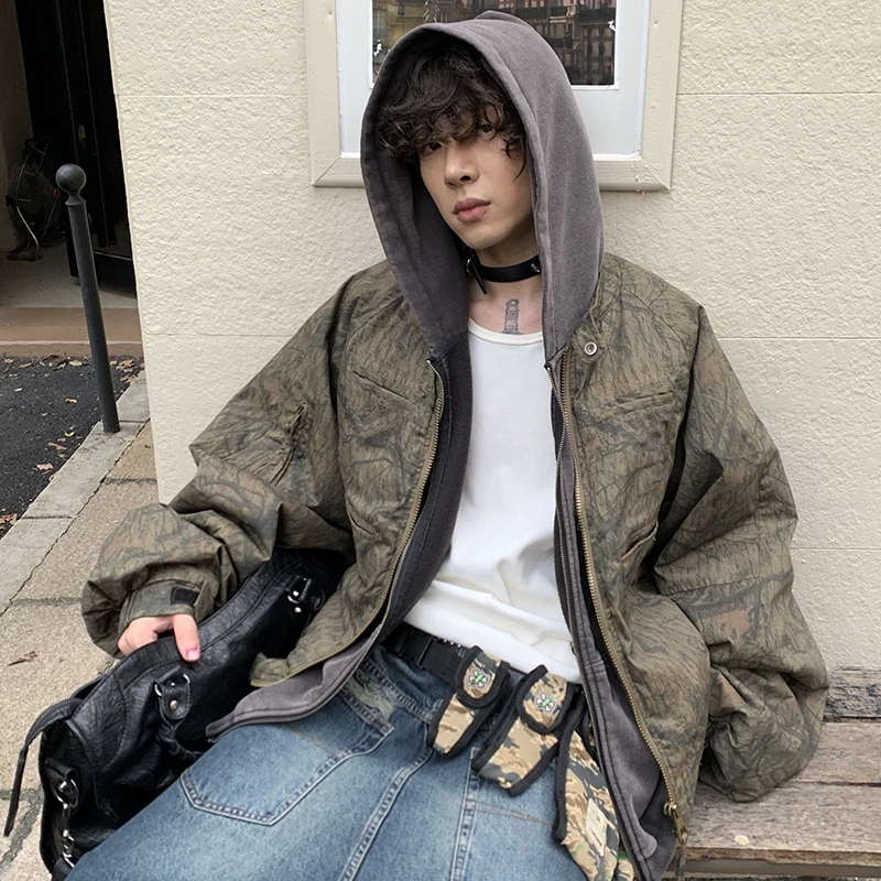 POH 24AW 铃鹿赛场枯林迷彩机车领结构bomber棉服短款夹克外套