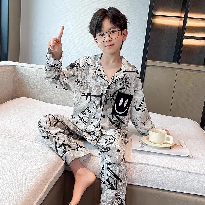 春秋季儿童睡衣长袖男孩全身印花卡通薄款男孩学生睡衣家居服套装