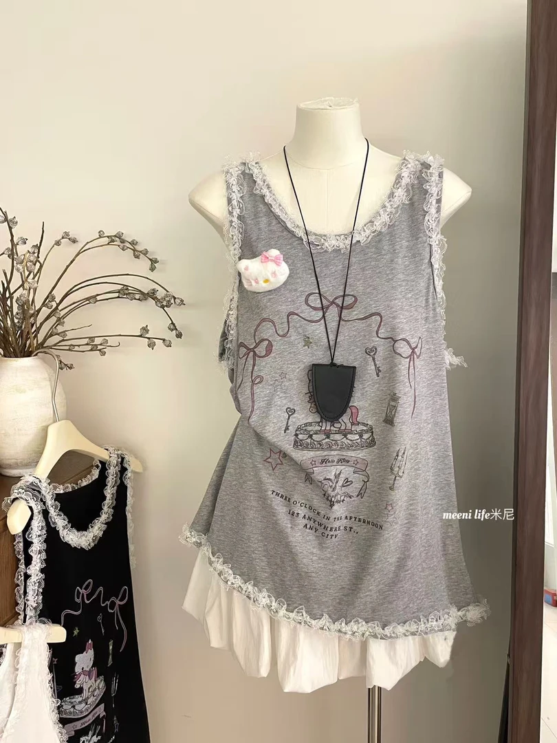 MEENI@A600 韩系蕾丝花边拼接无袖小猫上衣（衣长70） 5-20