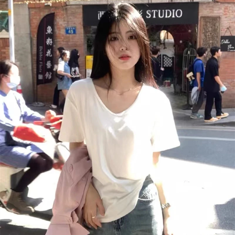 短袖极简风纯色女款夏季冰感T恤开叉时尚宽松不规则显瘦