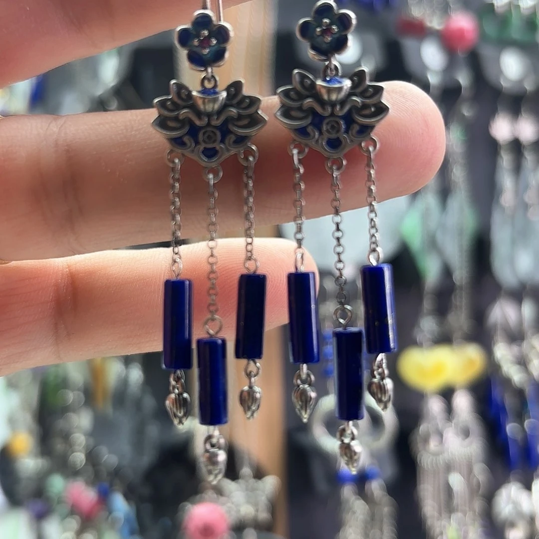 青金石银S925镶嵌耳饰@****?