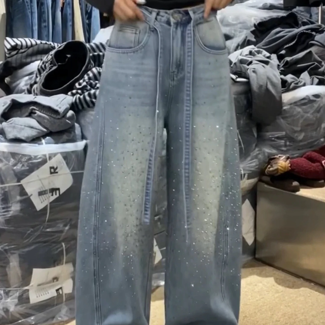 【月姐家】抽绳设计感镶钻牛仔裤女2025冬季加绒宽松显瘦阔腿拖地裤