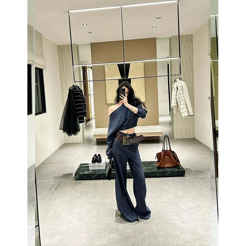 2025春季新款气质一整套穿搭复古高级感斜肩上衣百搭阔腿裤套装女