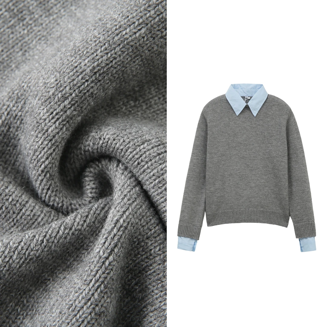 6130圆领假两件polo领内搭拼接针织毛衣女春冬打底上衣翻领套头