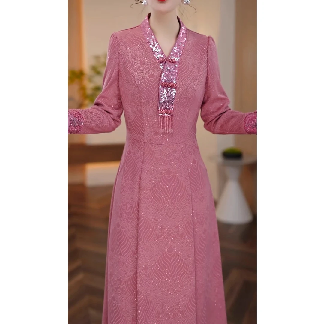 优雅修身连衣裙2025春秋新款女士气质减龄显瘦遮肉中长款过膝裙子