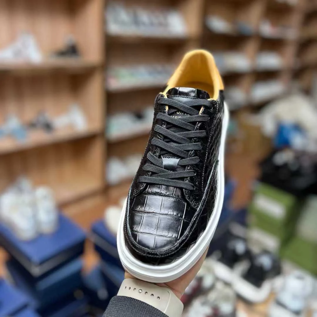 真鳄鱼皮单鞋板鞋透气系带休闲板鞋休闲鞋耐磨春秋时尚