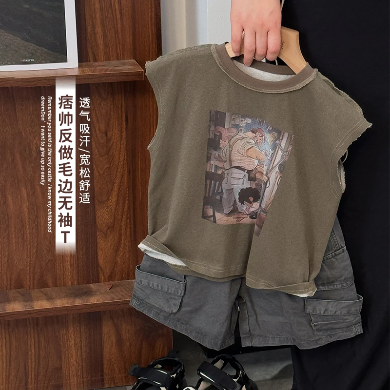 《定制爆款》韩版儿童印花圆领微袖T恤25XL1087男童女童毛边背心