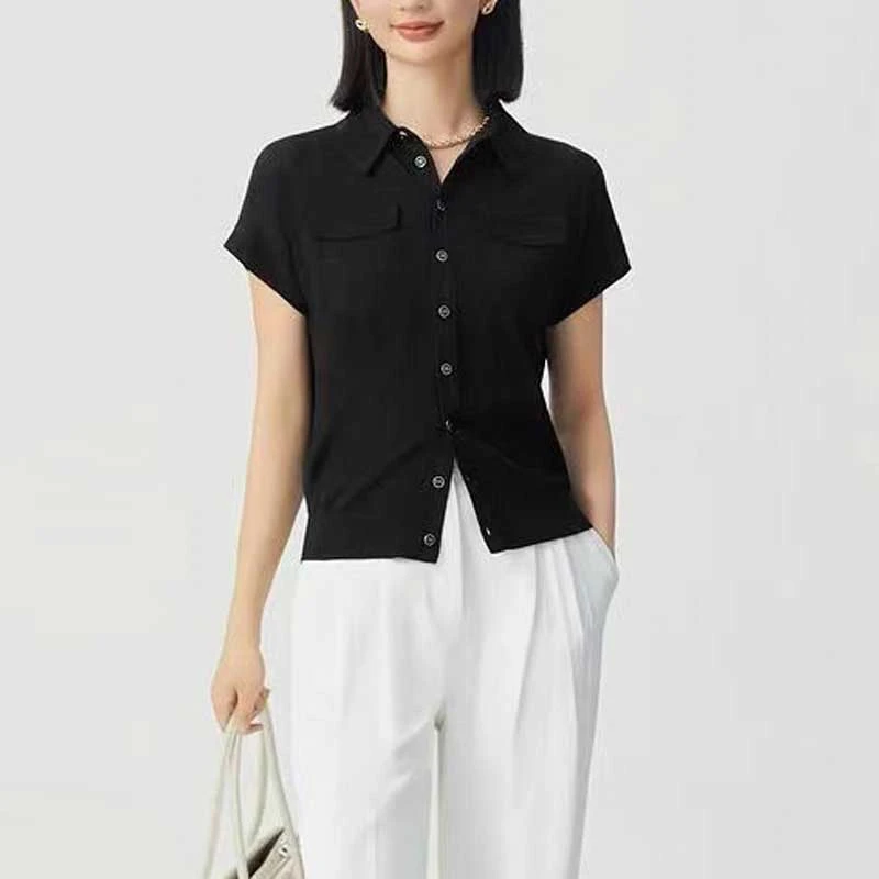 【商场同款】夏季百搭黑色冰丝纽扣显瘦短袖T恤衫袁衣都舍A401094