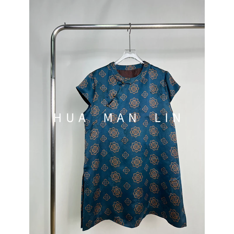 【花满林】圆领斜门襟团花香云纱桑蚕丝盖袖上衣259736