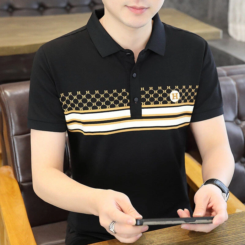 夏季菱形条纹POLO衫男士棉质商务翻领短袖百搭休闲潮流T恤9310