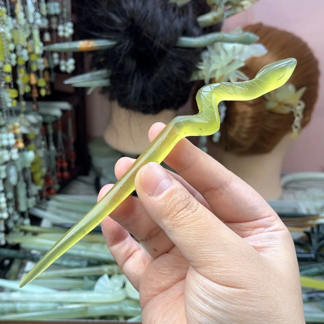 蛇纹石玉发饰未镶嵌长度17厘米左右