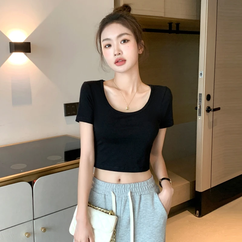 黑色露脐短袖t恤女夏棉质小个子高腰修身圆领半袖紧身u领短款上衣