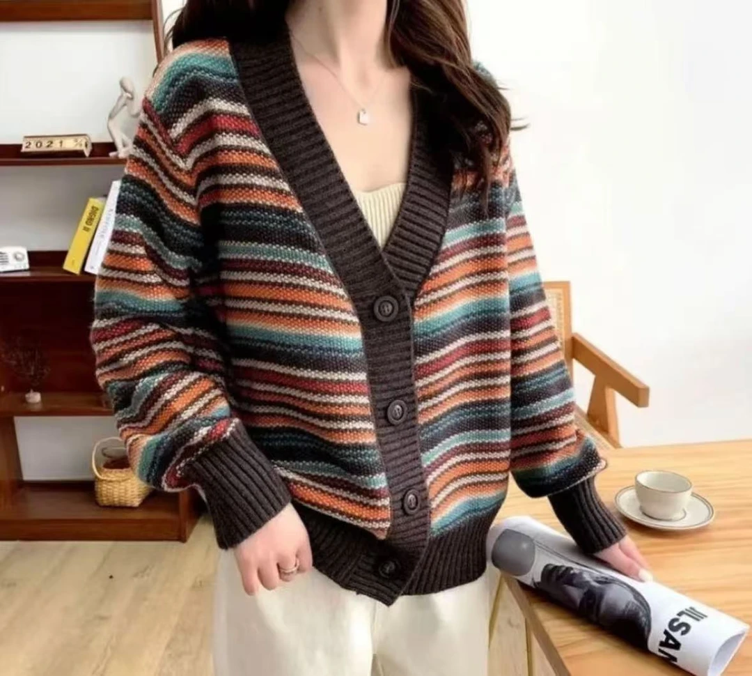 888复古民族风条纹毛衣开衫女装外套百搭时尚宽松针织披肩春秋冬