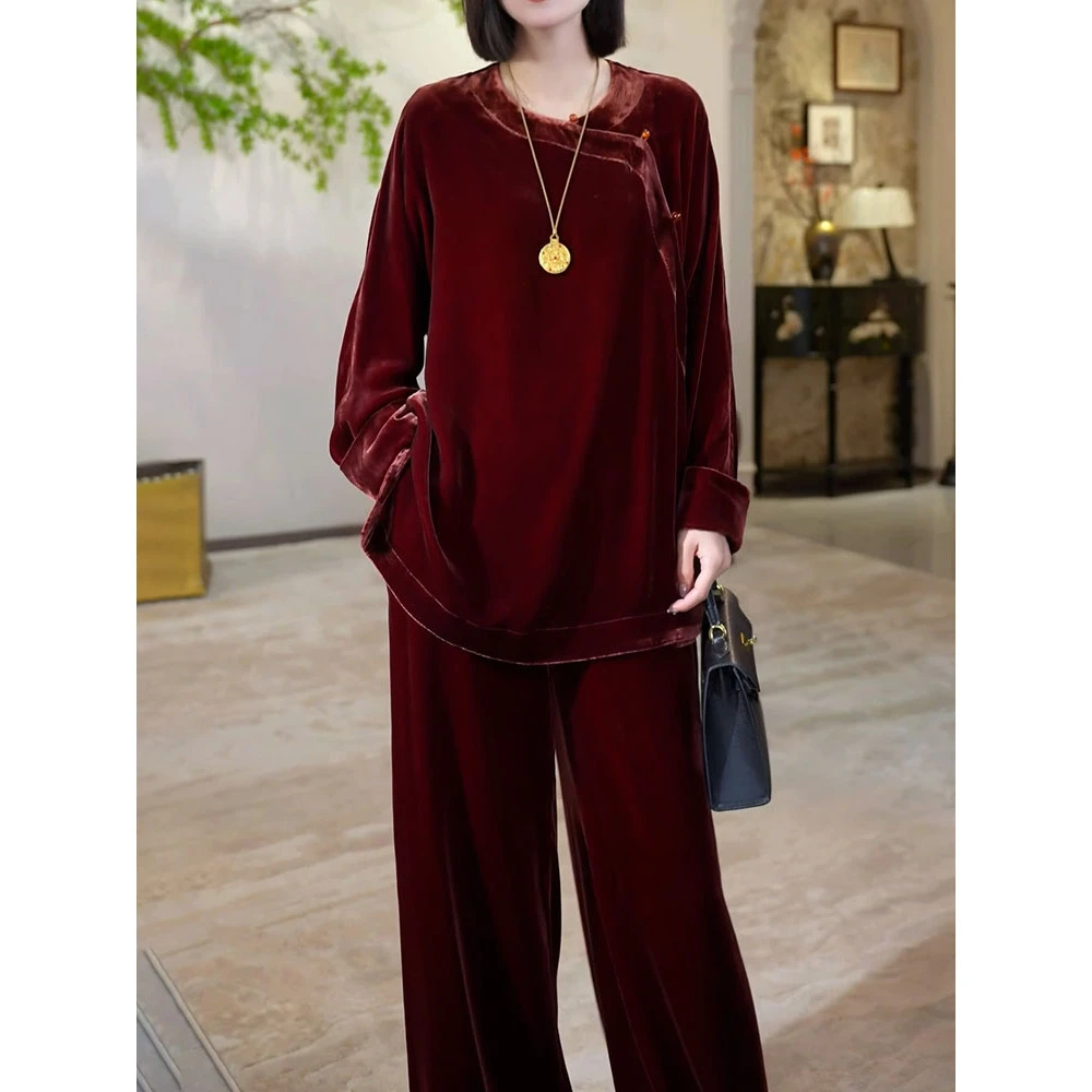 新中式高级时尚丝绒套装2025秋季新款国风轻奢纯色上衣+直筒裤子