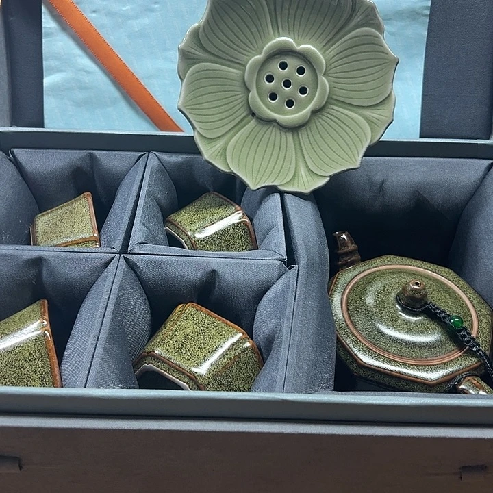 耀州窑茶叶末釉八方壶一套