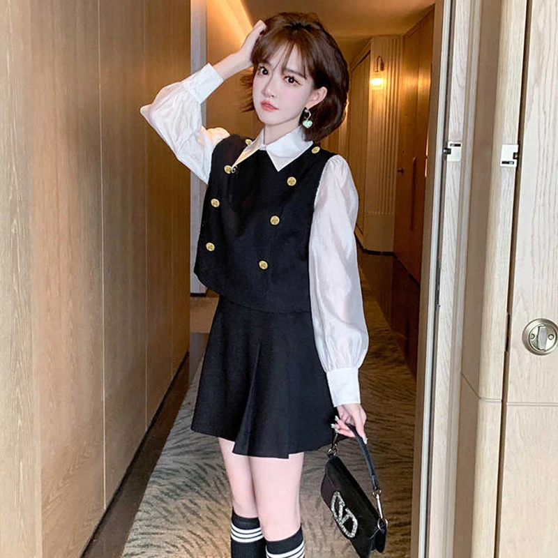 【两件套】2025秋新拼接翻领衬衫+百褶半裙时尚套装2186