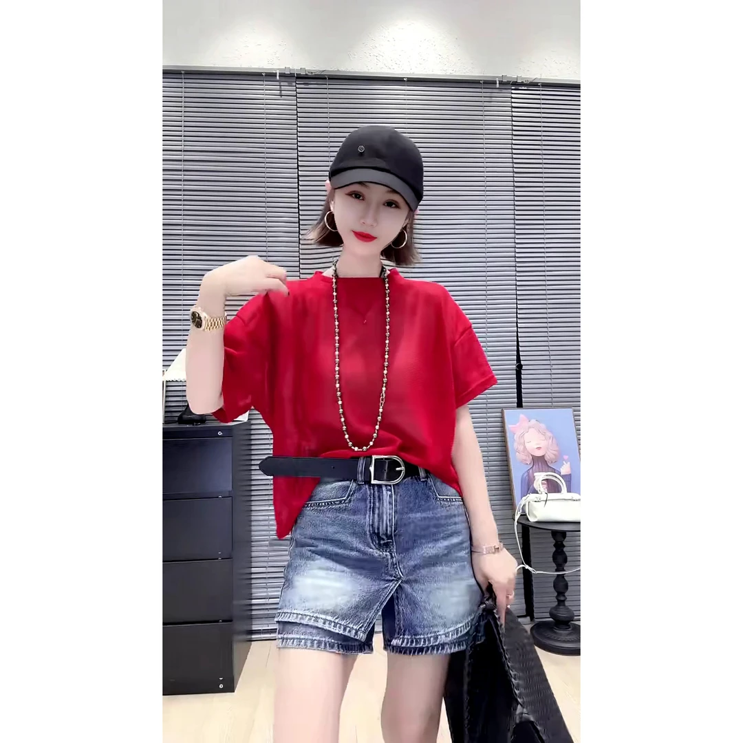 欧货时尚宽松百搭净版双色螺纹圆领短袖网纱衫